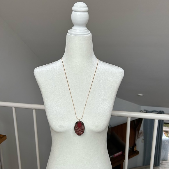 Unique Faux red Leather gold color chain necklace holiday warm winter fall goth - Picture 2 of 6